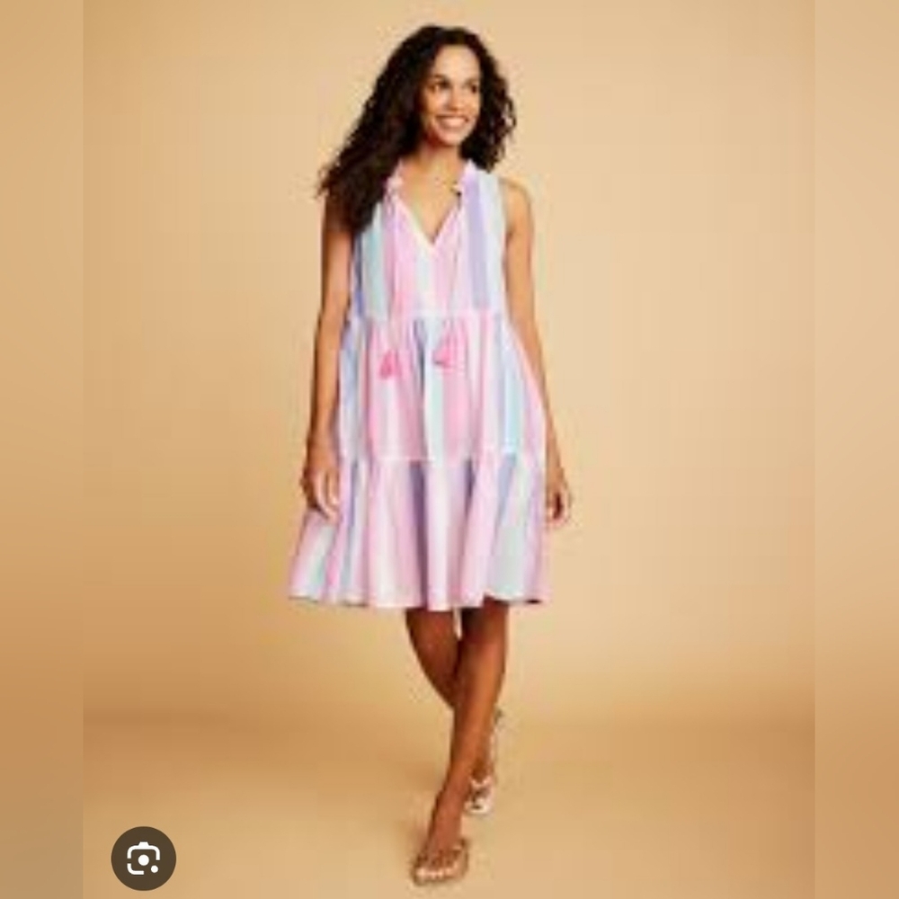 J.CREW Pink and Blue Tiered Ruffled Shimmer Beach Dress Sz Medium